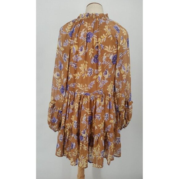 Altar'd State Dress Womens S Brown Floral Tiered Peasant Sleeve Mini Boho Puff - Picture 6 of 10